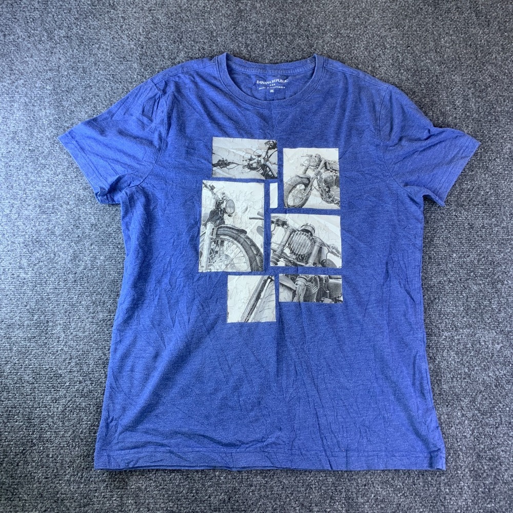 Banana Republic T Shirt Mens Medium Blue Motorcycles Graphic Cotton Crew Neck